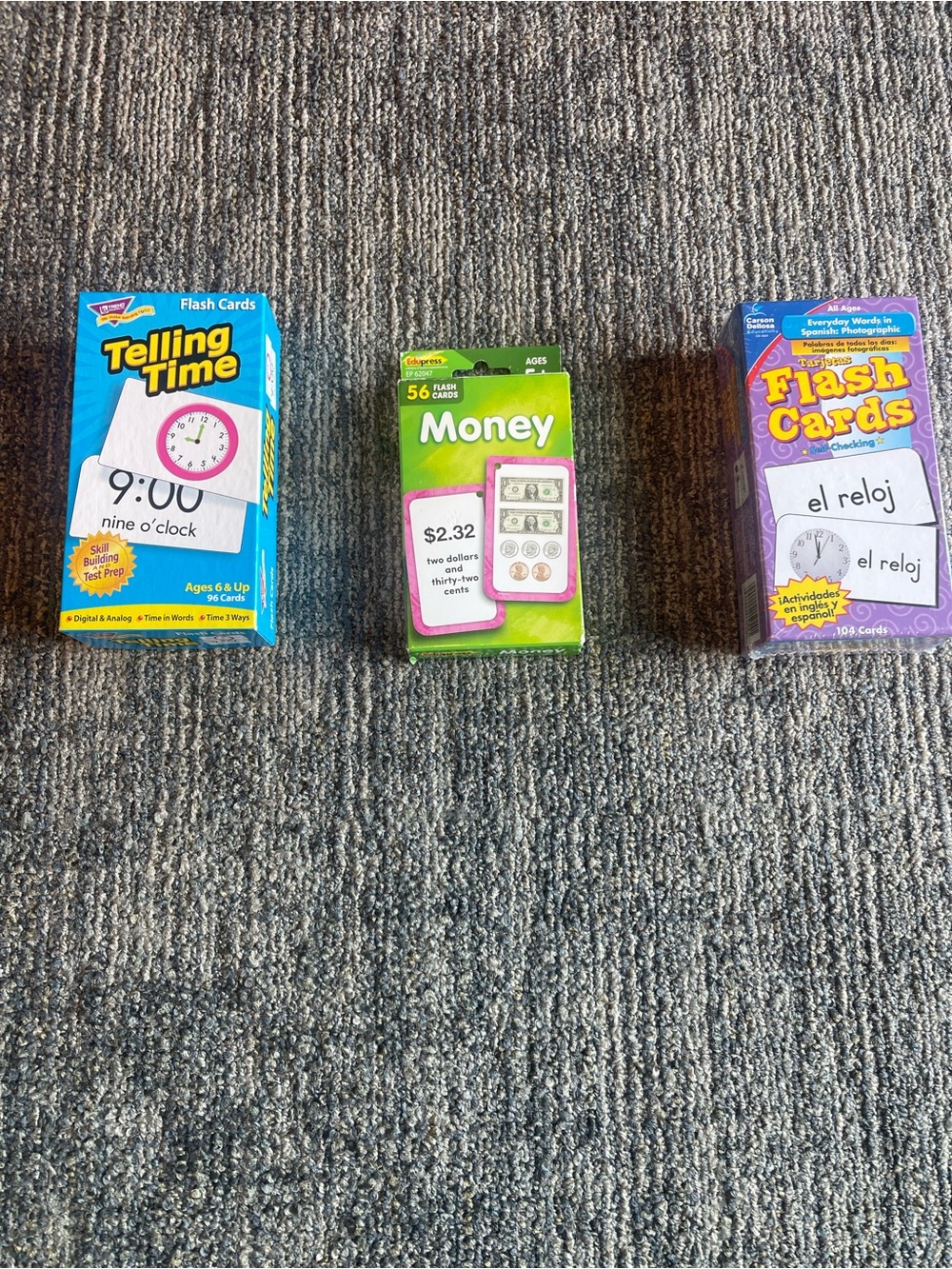 Educational Flash Cards- how tell time, Learn count money and speak Spanish